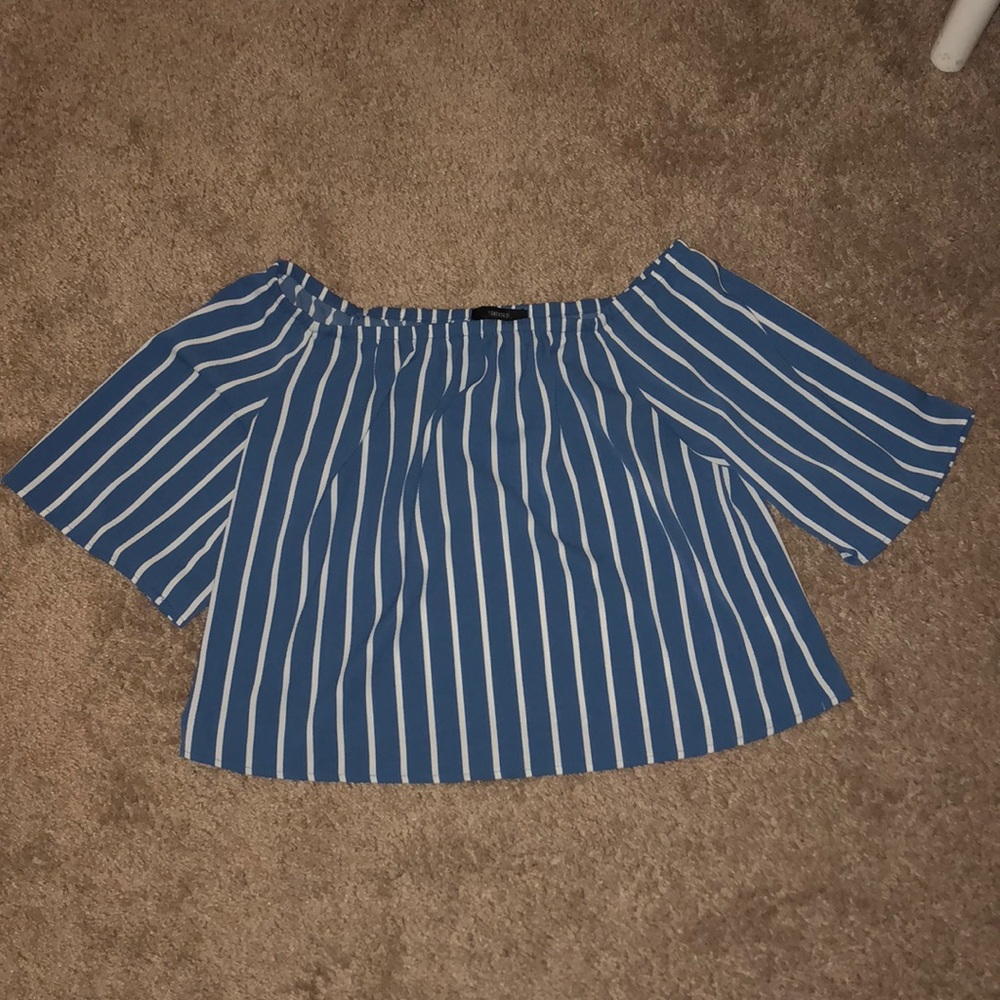 blue and white striped off the shoulder top